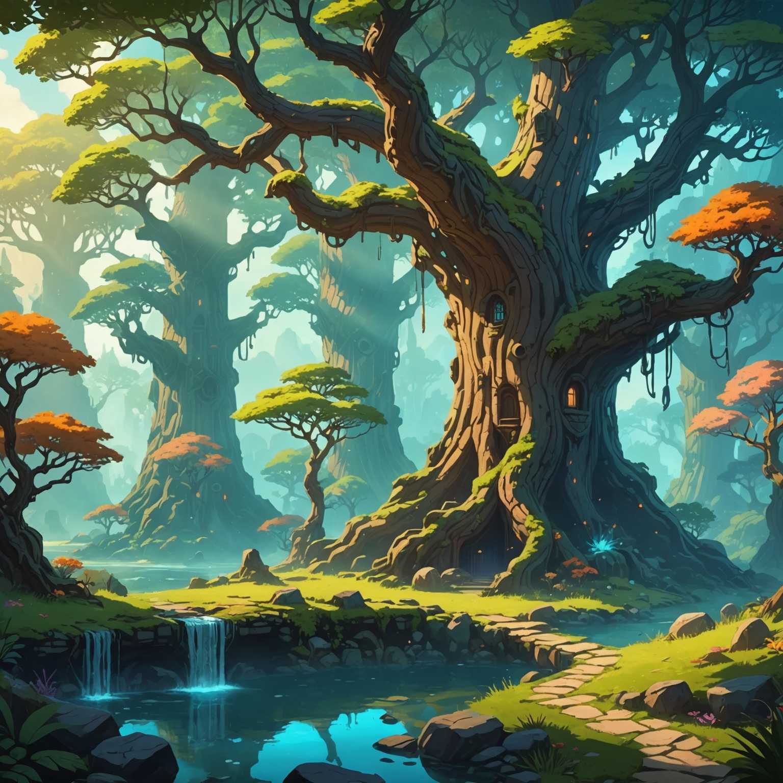 Diese 2D-Seitenansicht zeigt eine Fantasy-Spielwelt mit uralten Bäumen und ätherischem Licht. Der Kunststil ist sehr detailliert und enthält lebendige Farben.