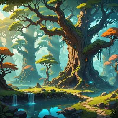 Diese 2D-Seitenansicht zeigt eine Fantasy-Spielwelt mit uralten Bäumen und ätherischem Licht. Der Kunststil ist sehr detailliert und enthält lebendige Farben.