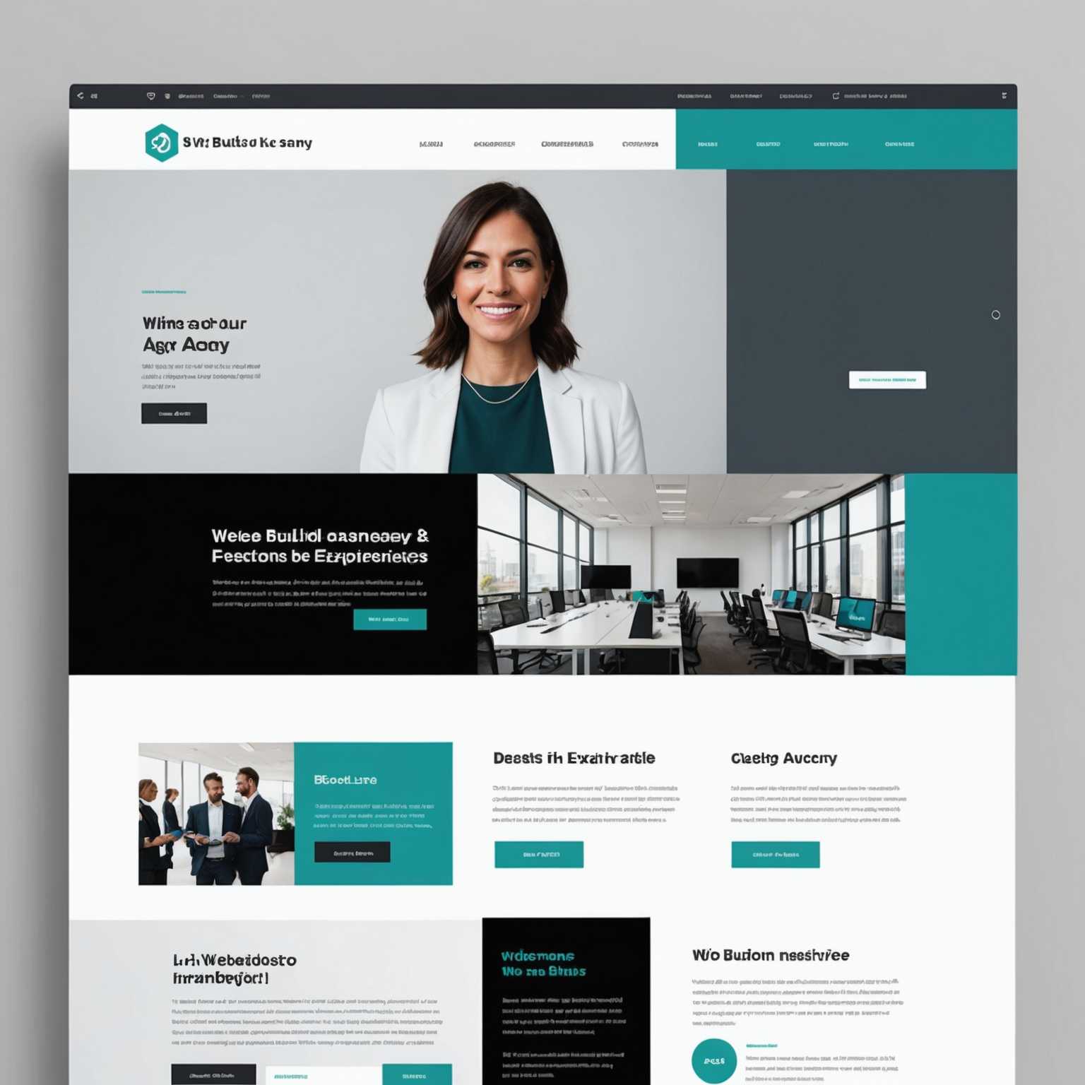 Ein elegantes und modernes Landingpage-Design für eine Kreativagentur. Das Farbschema ist überwiegend weiß mit Akzenten in dunkelgrau und türkis. Der obere Bereich enthält eine große, fette Überschrift in schwarzem Text mit der Aufschrift 'Willkommen bei unserer Agentur', begleitet von einer kleineren grauen Unterüberschrift mit dem Text 'Wir bauen Marken und gestalten Erlebnisse.' Unter dem Text befindet sich ein hochwertiges Bild eines Teams von Fachleuten, die in einem modernen Büro arbeiten. Das Navigationsmenü oben enthält Optionen wie 'Startseite', 'Über uns', 'Dienstleistungen', 'Portfolio', 'Blog' und 'Kontakt', alle in Großbuchstaben geschrieben. Rechts vom Navigationsmenü befinden sich Symbole für soziale Medien wie Facebook, Twitter und Instagram. Der Haupt-Call-to-Action-Button ist prominent in Türkis mit weißem Text und der Aufschrift 'Loslegen' dargestellt.