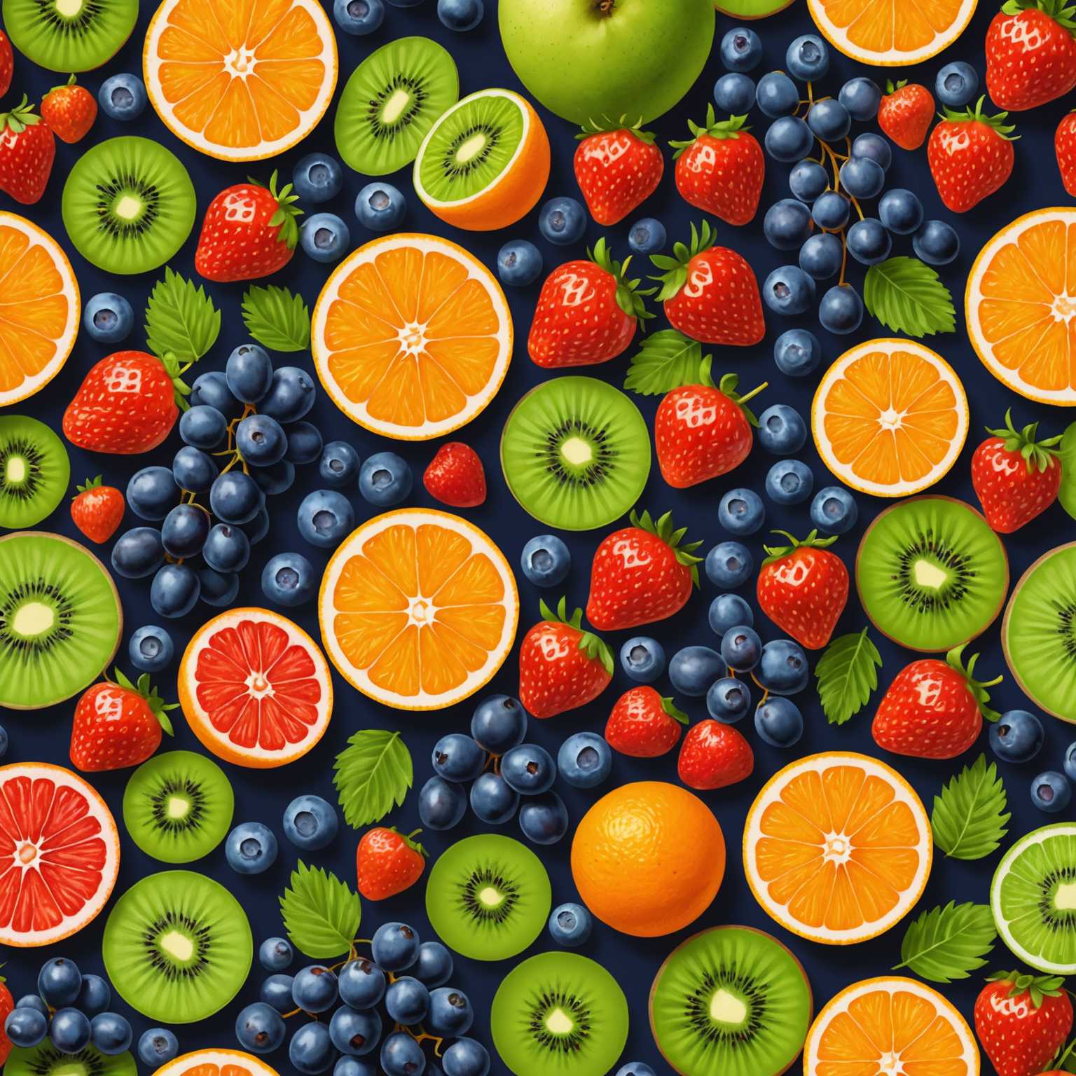 Das Bild zeigt ein künstlerisches Banner mit einer Reihe von saftigen Früchten. Der Banner zeigt lebendige, farbenfrohe Illustrationen von verschiedenen Früchten wie Erdbeeren, Orangen, Kiwis, Trauben und Blaubeeren. Die Früchte sind in ansprechenden Kompositionen angeordnet, die ihre Frische und Saftigkeit betonen. Der Hintergrund des Banners ist schlicht, sodass die Früchte im Fokus stehen. Die Illustrationen sind detailliert, mit Texturen und Schattierungen, die das natürliche Aussehen der Früchte hervorheben.