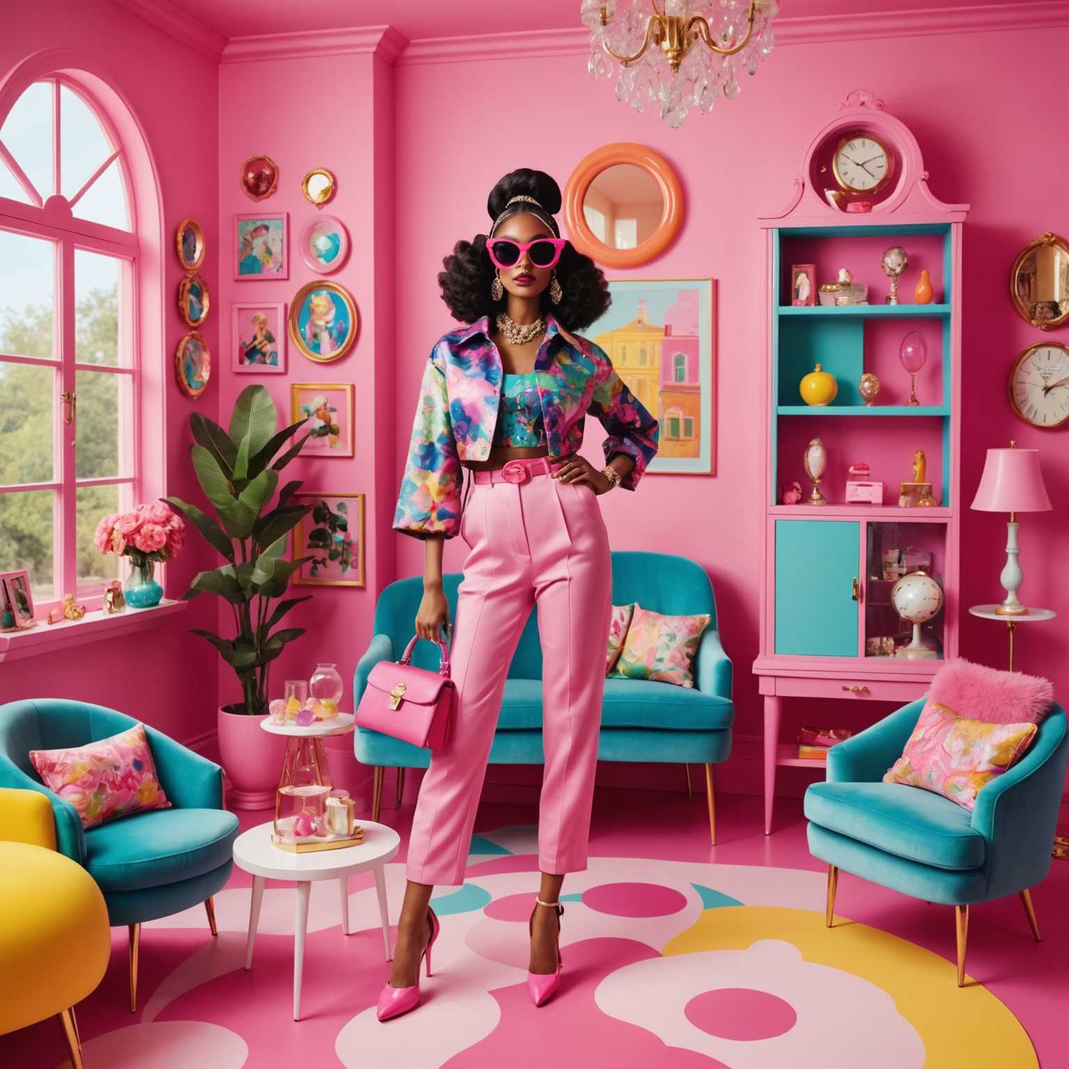 Ein lebhaftes Foto, das eine Person zeigt, die in heller, kräftiger Kleidung im retro Stil gekleidet ist, ähnlich der von Barbie inspirierten Mode. Die Person posiert selbstbewusst mit übergroßen Sonnenbrillen, High Heels und klobigem Schmuck als Accessoires. Der Hintergrund ist spielerisch und ähnelt einem glamourösen Puppenhaus. Die farbenfrohe Kulisse passt zum insgesamt fantasievollen Thema mit vielen Pinktönen, Pastellfarben und Glitzer.