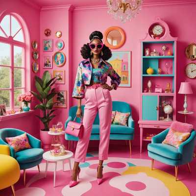 Ein lebhaftes Foto, das eine Person zeigt, die in heller, kräftiger Kleidung im retro Stil gekleidet ist, ähnlich der von Barbie inspirierten Mode. Die Person posiert selbstbewusst mit übergroßen Sonnenbrillen, High Heels und klobigem Schmuck als Accessoires. Der Hintergrund ist spielerisch und ähnelt einem glamourösen Puppenhaus. Die farbenfrohe Kulisse passt zum insgesamt fantasievollen Thema mit vielen Pinktönen, Pastellfarben und Glitzer.