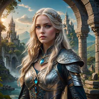 Eine fesselnde weibliche Figur mit einem schönen, außerweltlichen Aussehen steht in einer bezaubernden Fantasieszene. Sie hat langes, fließendes Haar, möglicherweise blond oder silbern, das über ihre Schultern fällt. Ihre Augen sind auffällig und außerweltlich, vielleicht glühen sie mit einem magischen Schimmer. Sie trägt aufwendige, möglicherweise mittelalterliche oder fantasie-inspirierte Rüstung oder Kleidung, verziert mit komplizierten Designs und geschmückt mit Edelsteinen oder mystischen Symbolen. Ihre Pose ist selbstbewusst und verlockend und fängt die Essenz eines Pin-Up-Stils mit einem abenteuerlichen Twist ein. Der Hintergrund zeigt eine mystische Landschaft, möglicherweise mit Elementen wie verzauberten Wäldern, alten Ruinen oder einem traumhaften Himmel mit schwebenden Inseln oder ätherischen Lichtern.