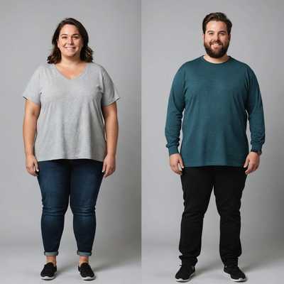 Das Bild zeigt einen Vergleich nebeneinander von zwei Fotografien derselben Person vor und nach dem Gewichtsverlust. In beiden Bildern steht die Person vor einem schlichten Hintergrund. Im 'Vorher'-Bild trägt sie ein etwas locker sitzendes Outfit, während sie im 'Nachher'-Bild eng anliegende Kleidung trägt, die ihre schlankere Figur betont. Die Person wirkt glücklicher und selbstbewusster im 'Nachher'-Foto. Es gibt möglicherweise leichte Unterschiede in der Haltung und im Gesichtsausdruck, die ebenfalls eine positive Veränderung signalisieren.