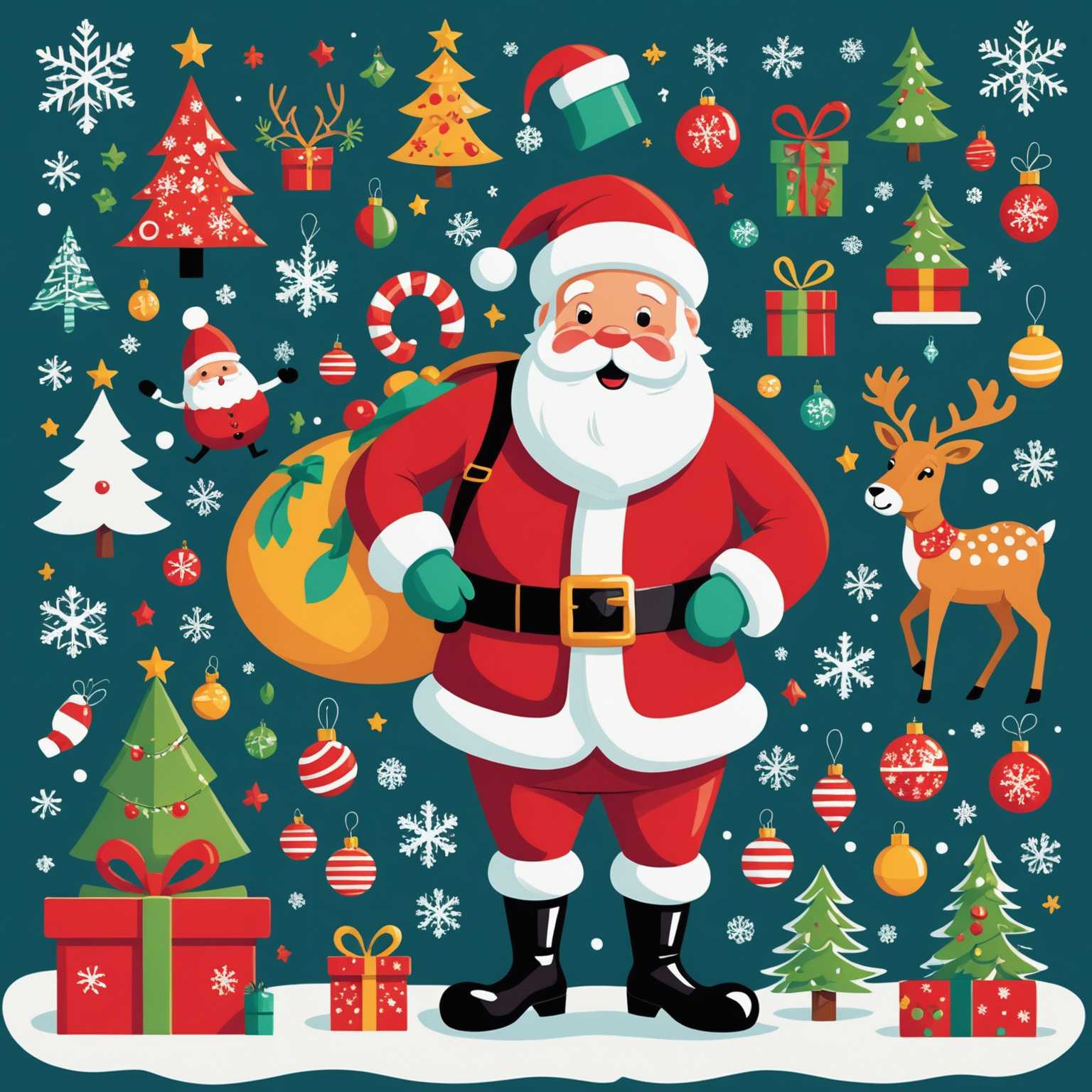 Ein festliches Weihnachts-T-Shirt mit einer fröhlichen, bunten Cartoon-Grafik. Das Design umfasst Weihnachtssymbole wie den Weihnachtsmann, Rentiere, Weihnachtsbäume, Schneeflocken, Geschenke und Ornamente, alle in einem spielerischen, skurrilen Stil gezeichnet. Das T-Shirt selbst ist lebendig und auffällig, perfekt für Weihnachtsfeiern.