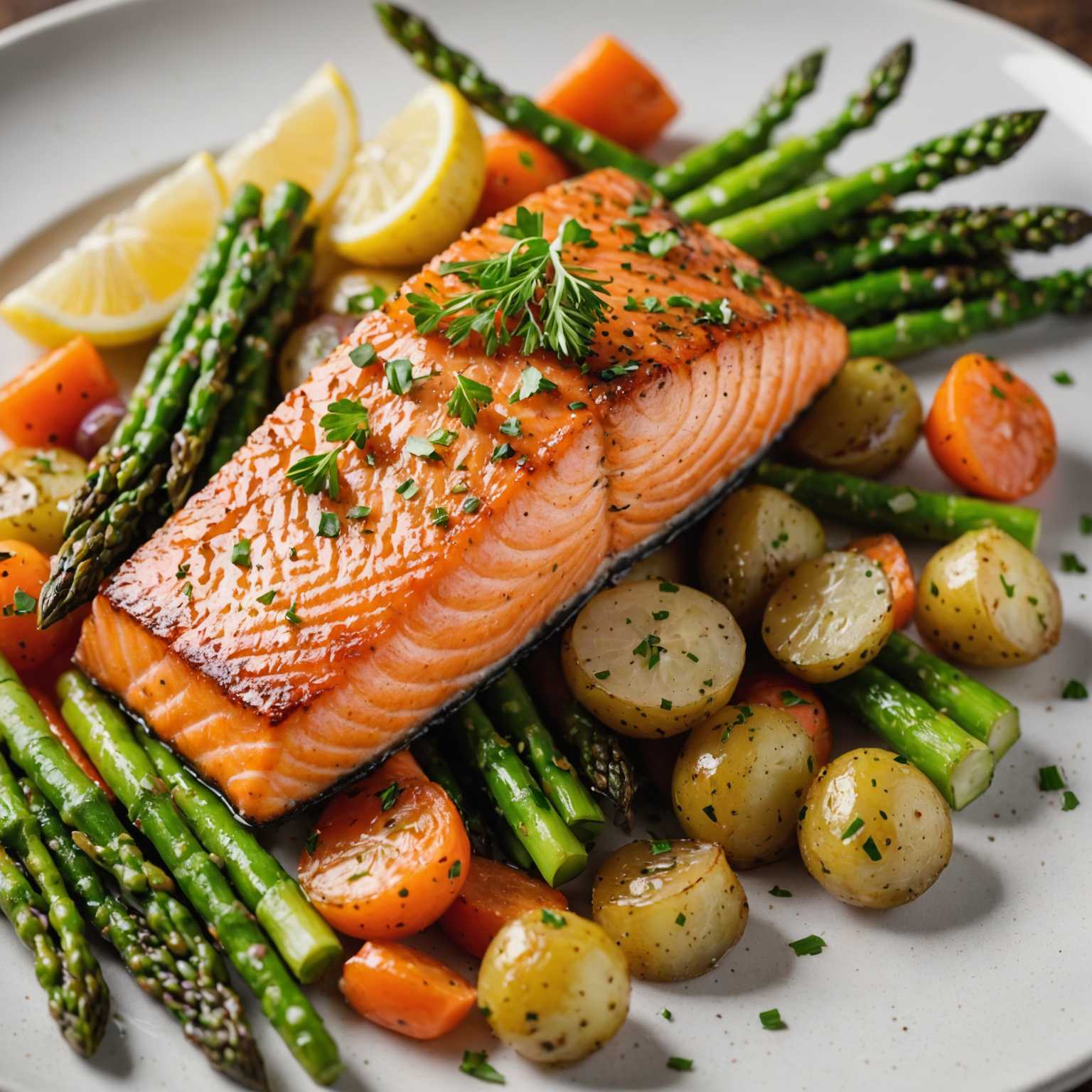 Ein Nahaufnahmefoto eines köstlich aussehenden Gerichts mit einem perfekt gegarten Stück Lachs. Der Lachs hat eine knusprige, goldbraune Kruste und ist mit frischen Kräutern, möglicherweise Dill, garniert, was der Präsentation einen Hauch von Grün verleiht. Das Fischfilet liegt auf einem Bett aus gemischtem Gemüse, darunter leuchtend orangefarbene Karotten, hellgrüner Spargel und möglicherweise zarte junge Kartoffeln. Das Gemüse scheint gut gewürzt und perfekt gegart zu sein, mit einem leichten Glanz, der ihm ein appetitliches Aussehen verleiht. Der gesamte Teller ist sorgfältig arrangiert, wobei jedes Element das andere ergänzt und die Texturen und Farben des Gerichts wunderschön zur Geltung bringt. Die Beleuchtung im Foto betont die Frische und Qualität der Zutaten und lässt das Essen äußerst verlockend aussehen.