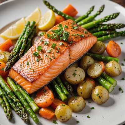 Ein Nahaufnahmefoto eines köstlich aussehenden Gerichts mit einem perfekt gegarten Stück Lachs. Der Lachs hat eine knusprige, goldbraune Kruste und ist mit frischen Kräutern, möglicherweise Dill, garniert, was der Präsentation einen Hauch von Grün verleiht. Das Fischfilet liegt auf einem Bett aus gemischtem Gemüse, darunter leuchtend orangefarbene Karotten, hellgrüner Spargel und möglicherweise zarte junge Kartoffeln. Das Gemüse scheint gut gewürzt und perfekt gegart zu sein, mit einem leichten Glanz, der ihm ein appetitliches Aussehen verleiht. Der gesamte Teller ist sorgfältig arrangiert, wobei jedes Element das andere ergänzt und die Texturen und Farben des Gerichts wunderschön zur Geltung bringt. Die Beleuchtung im Foto betont die Frische und Qualität der Zutaten und lässt das Essen äußerst verlockend aussehen.