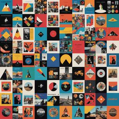Ein lebendiges Collage aus Albumcovers, die in einem Gittermuster angeordnet sind. Jedes Albumcover zeichnet sich durch einzigartige und farbenfrohe Kunstwerke aus, die eine Vielzahl von künstlerischen Stilen und Themen zeigen. Einige Covers sind von kühnen und abstrakten geometrischen Formen dominiert, während andere detaillierte Illustrationen oder fotografische Porträts von Künstlern zeigen. Es gibt auch Covers mit minimalistischen Designs, die einfache Typografie und gedämpfte Farbpaletten verwenden. Das gesamte Layout ist dynamisch und visuell ansprechend, wobei jedes Albumcover seinen eigenen Touch zu dem eklektischen Mix beiträgt. Die Collage repräsentiert eine Vielzahl von Musikgenres und fängt die diverse und reiche Musikkultur durch visuell ansprechende Albumkunst ein.