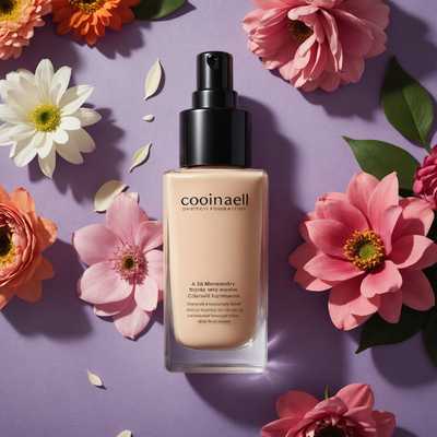 Ein schlankes, minimalistisches Foundation-Fläschchen, das elegant auf einem lebhaften Blumenhintergrund platziert ist. Die Blumen sind in voller Blüte und zeigen eine Vielzahl von Farben wie Pink, Lila und Weiß. Das natürliche Licht hebt die Gesamtkomposition hervor, wirft zarte Schatten und betont die luxuriöse Textur des Foundation-Fläschchens.