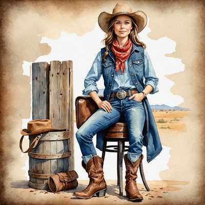 Die Abbildung zeigt eine Sammlung von Aquarell-Cliparts mit einem Cowgirl-Thema. Zu sehen ist eine junge Cowgirl, die einen breitkrempigen Hut, ein Halstuch, eine Weste, Cowboy-Stiefel und Jeans trägt. Um sie herum sind verschiedene Symbole im Zusammenhang mit dem Cowgirl- und Western-Thema, wie ein Lasso, ein Paar Cowboy-Stiefel, ein Pferd, ein Hufeisen, ein Sattel, ein Kaktus, ein Sheriff-Abzeichen, ein Revolver und ein Pferdestall.