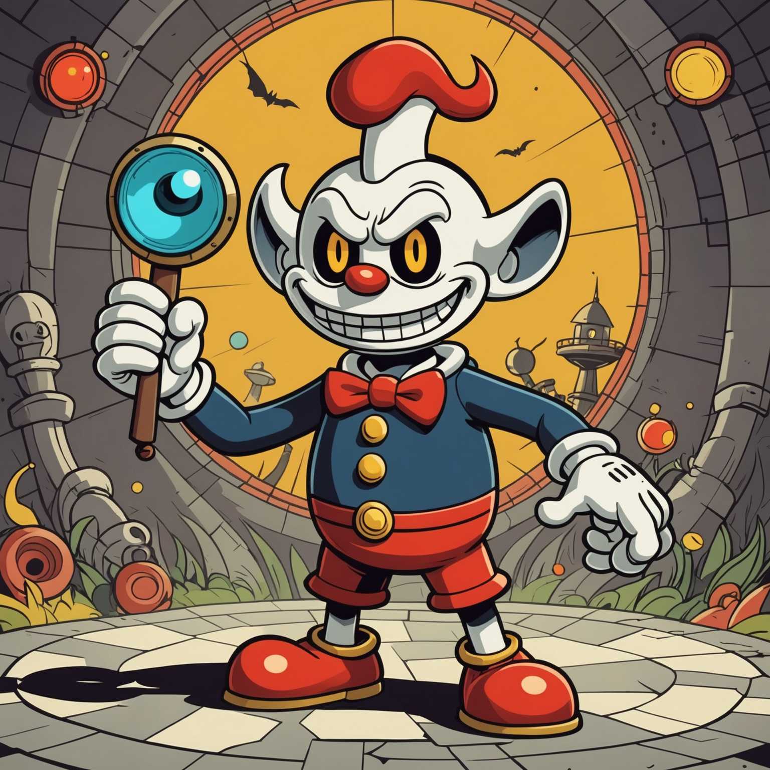 Eine Sammlung von skurrilen und fantastischen Figuren, die an Feinde aus dem Videospiel 'Cuphead' erinnern. Diese Figuren haben eine Vintage-Cartoon-Ästhetik, die an Animationen der 1930er Jahre erinnert. Sie zeigen übertriebene, ausdrucksstarke Gesichter und übertriebene Merkmale. Der Hintergrund ist farbenfroh und animiert, wodurch die lebhafte und chaotische Atmosphäre, die für 'Cuphead' typisch ist, verstärkt wird. Die Figuren befinden sich in verschiedenen dynamischen Posen, einige tragen Waffen oder zeigen übernatürliche Fähigkeiten. Der Stil ist verspielt, aber leicht unheimlich und fängt die einzigartige Mischung aus Charme und Herausforderung ein, die das Spiel verkörpert.