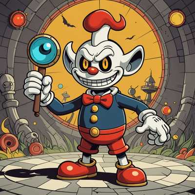 Eine Sammlung von skurrilen und fantastischen Figuren, die an Feinde aus dem Videospiel 'Cuphead' erinnern. Diese Figuren haben eine Vintage-Cartoon-Ästhetik, die an Animationen der 1930er Jahre erinnert. Sie zeigen übertriebene, ausdrucksstarke Gesichter und übertriebene Merkmale. Der Hintergrund ist farbenfroh und animiert, wodurch die lebhafte und chaotische Atmosphäre, die für 'Cuphead' typisch ist, verstärkt wird. Die Figuren befinden sich in verschiedenen dynamischen Posen, einige tragen Waffen oder zeigen übernatürliche Fähigkeiten. Der Stil ist verspielt, aber leicht unheimlich und fängt die einzigartige Mischung aus Charme und Herausforderung ein, die das Spiel verkörpert.