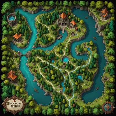 Eine reichhaltig detaillierte Fantasy-Kampagnenkarte für Dungeons & Dragons zeigt dichte Wälder. Die Karte ist voller lebendiger Farben und komplexer Details wie antike Steinbrücken, mystisch leuchtende Runen und versteckte Pfade. Die Szene wird von mythischen Kreaturen wie Drachen, Elfen und Goblins bewohnt, die verschiedenen Aktivitäten nachgehen. Es gibt Schlachtformationen und taktische Platzierungen, mit Charakteren, die ihre Waffen und Zauber bereithalten. Die Atmosphäre ist eine Mischung aus Mystik und Abenteuer, mit einem Hintergrund von hohen Bergen und einem fernen Schloss auf einer Klippe. Der Himmel ist in einem magischen Zwielicht gemalt, was auf eine epische Schlacht hindeutet, die bald stattfinden wird.
