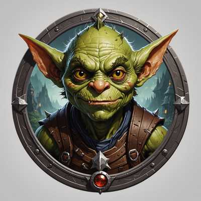 Ein kreisförmiges Symbol, das eine Goblin-Kreatur darstellt, relevant für eine Fantasy-Umgebung. Der Goblin ist detailliert und farbenfroh gestaltet, wobei seine Attribute in einem DnD-Spiel betont werden.