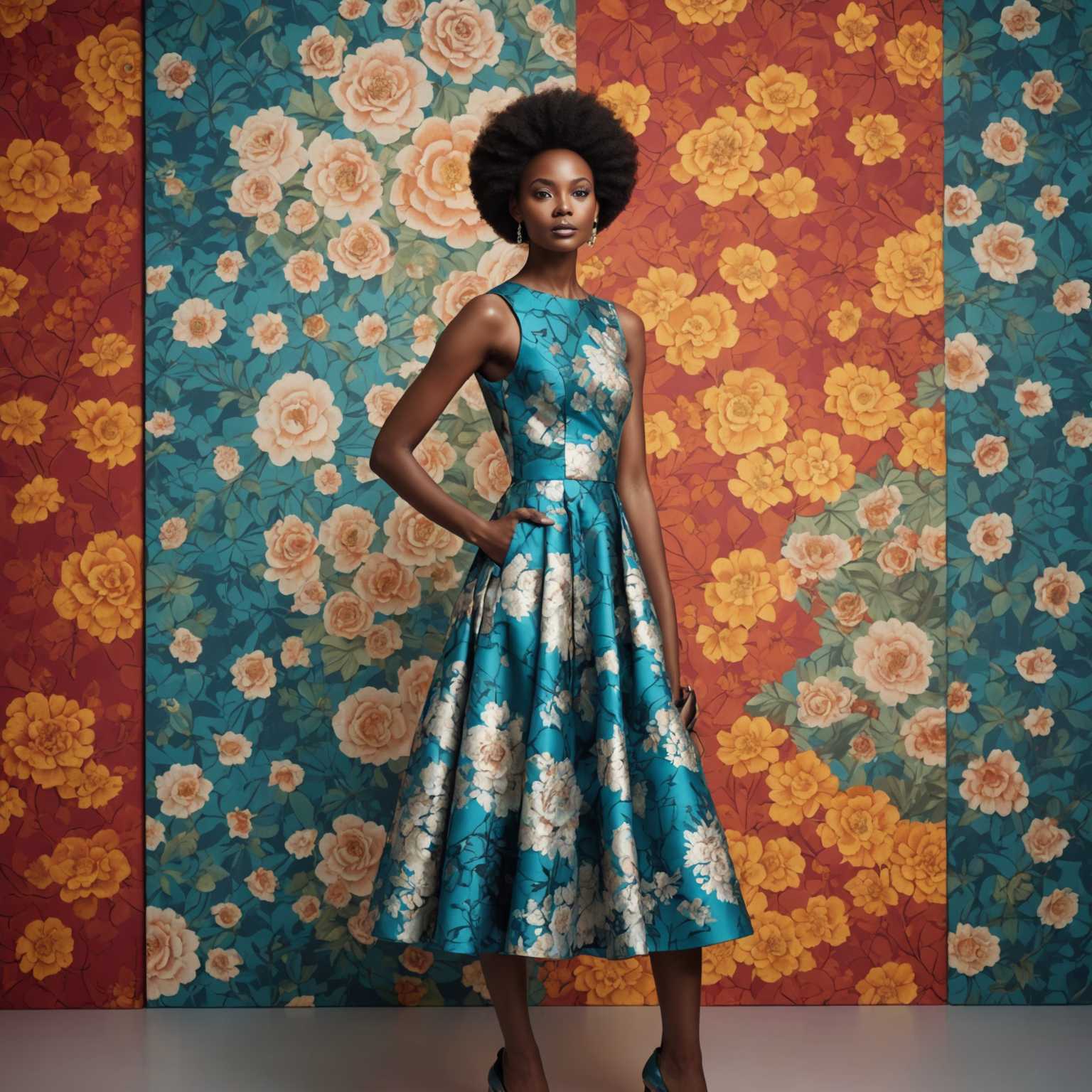 Im Bild trägt ein Modell ein modisches Kleid und posiert vor einem identischen künstlerischen Hintergrund. Das Kleid variiert in Farbe, Stil und Design und zeigt eine Reihe von Modetrends. Der Hintergrund ist kreativ gestaltet, ergänzt das Outfit und verbessert die visuelle Anziehungskraft des Fotos. Das Modell ist in einer selbstbewussten und stilvollen Pose positioniert, was die Eleganz und Kreativität des Outfits hervorhebt.