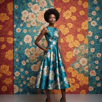 Im Bild trägt ein Modell ein modisches Kleid und posiert vor einem identischen künstlerischen Hintergrund. Das Kleid variiert in Farbe, Stil und Design und zeigt eine Reihe von Modetrends. Der Hintergrund ist kreativ gestaltet, ergänzt das Outfit und verbessert die visuelle Anziehungskraft des Fotos. Das Modell ist in einer selbstbewussten und stilvollen Pose positioniert, was die Eleganz und Kreativität des Outfits hervorhebt.