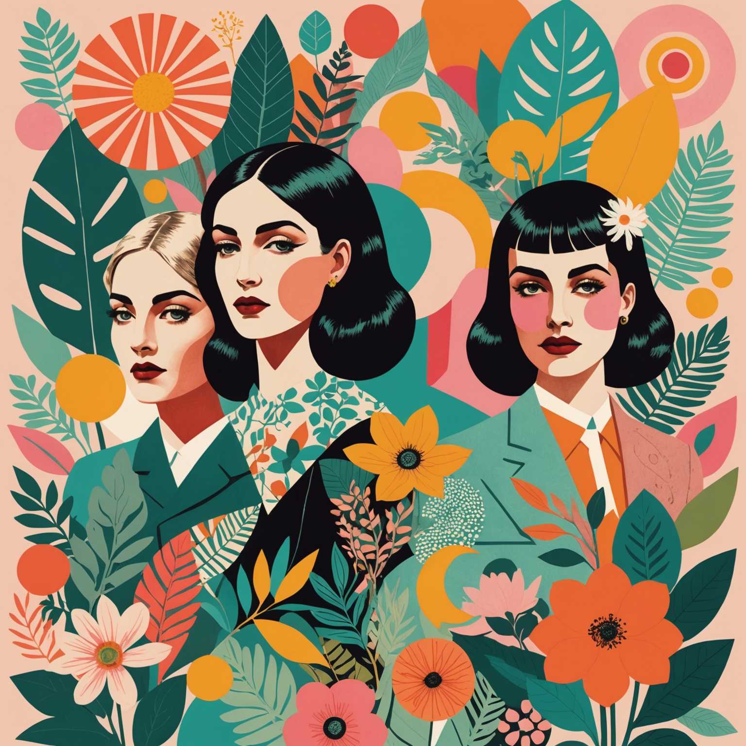 Das Bild zeigt eine lebendige und eklektische Collage aus verschiedenen Ausschnitten und Texturen. Es präsentiert eine Mischung aus abstrakten Formen, Vintage-Fotografien und lebhaften Illustrationen. Es gibt eine ausgeprägte Retro-Ästhetik mit einer Mischung aus Pastell- und kräftigen Farben. Die Elemente sind überlappend angeordnet, wodurch Tiefe und visuelles Interesse entsteht. Man sieht Ausschnitte von menschlichen Figuren, Teile von Gesichtern, botanische Elemente wie Blumen und Blätter, geometrische Formen und Textschnipsel. Die gesamte Komposition ist dynamisch und ausgewogen zwischen Chaos und Harmonie, was einen experimentellen und künstlerischen Ansatz widerspiegelt.