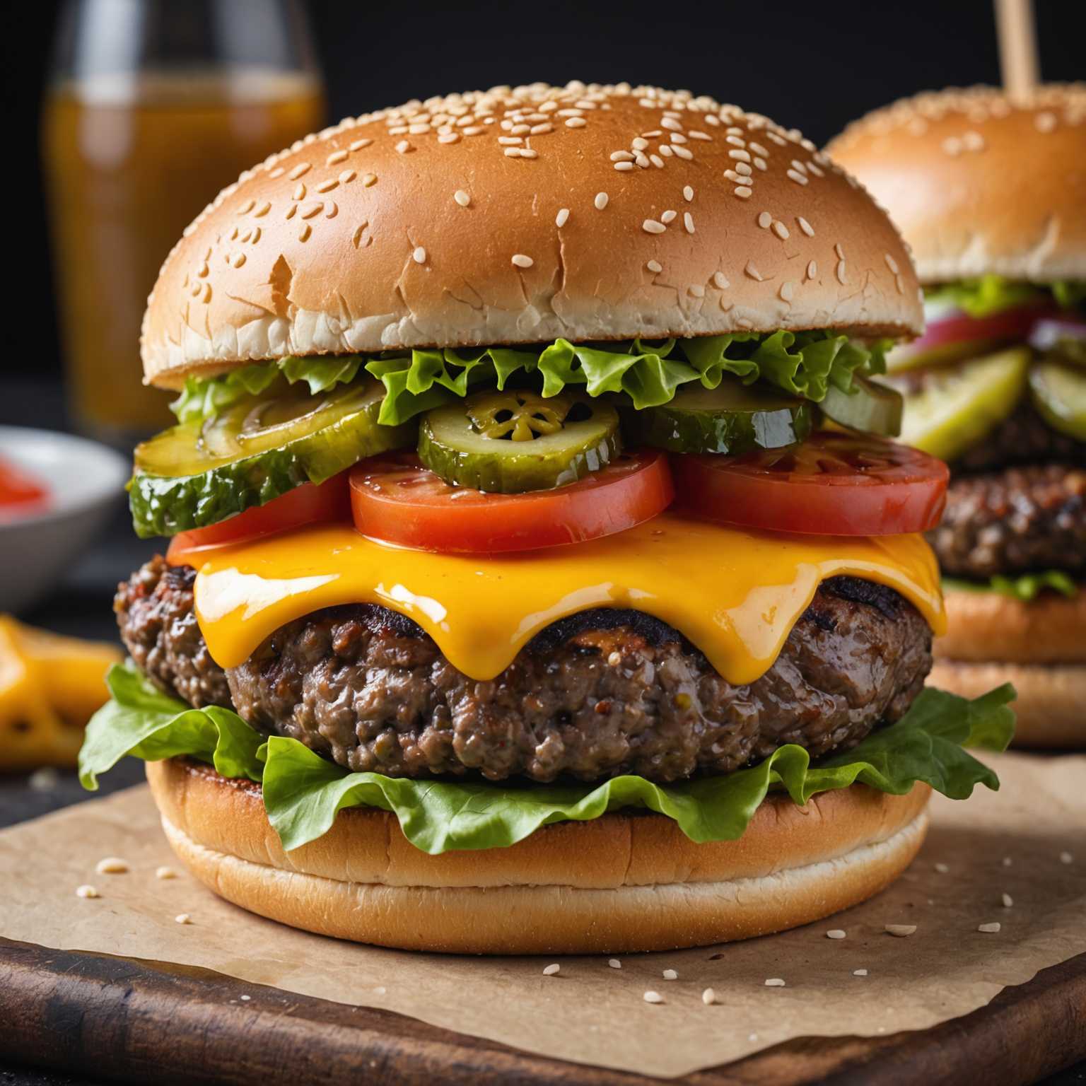 Ein köstlicher Gourmet-Hamburger mit einem saftigen Rindfleisch-Patty, geschmolzenem Cheddar-Käse, knusprigem Salat, frischen Tomatenscheiben und Essiggurken, eingeklemmt zwischen einem perfekt gerösteten Sesambrötchen.