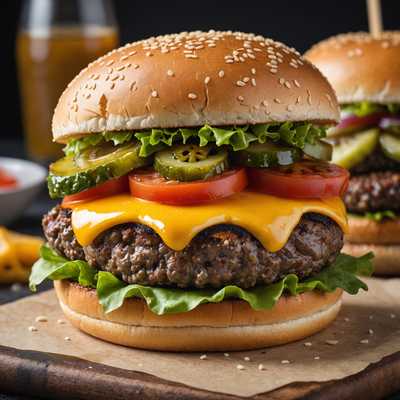 Ein köstlicher Gourmet-Hamburger mit einem saftigen Rindfleisch-Patty, geschmolzenem Cheddar-Käse, knusprigem Salat, frischen Tomatenscheiben und Essiggurken, eingeklemmt zwischen einem perfekt gerösteten Sesambrötchen.