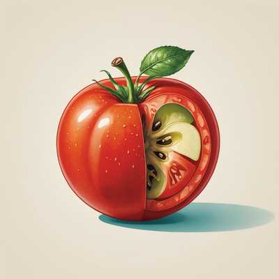 Die Abbildung zeigt ein einzelnes illustriertes Nahrungsmittel vor einem hellen Hintergrund. Die Illustration zeichnet sich durch eine farbenfrohe und detaillierte Darstellung eines einzelnen Nahrungsmittels wie einem Apfel oder einer Tomate aus. Der Stil ist verspielt und skurril, mit markanten Umrissen und lebendigen Farben. Der Fokus liegt auf einem einzigen Nahrungsmittel, was es als eigenständiges Design visuell ansprechend macht.