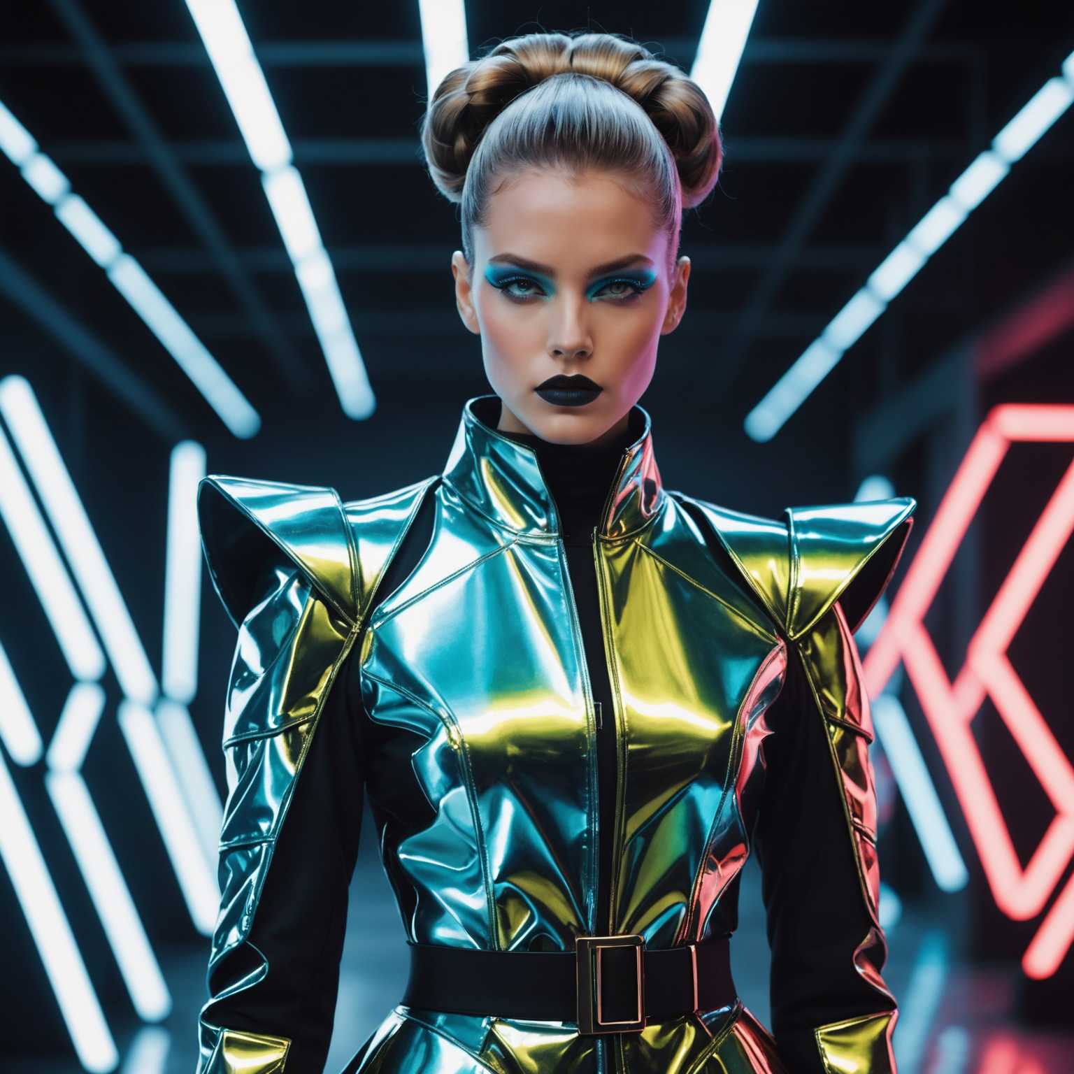 Das Bild zeigt eine futuristische Modeszene mit einem Modell, das avantgardistische Kleidung trägt. Die Kleidung kombiniert metallische Stoffe, elegante Schnitte und hochmoderne Accessoires. Die Outfits sind durch raffinierte Muster und kräftige Farben geprägt und vermitteln eine klare Botschaft von Innovation und zukunftsweisendem Design. Das Modell hat dramatisches Make-up und eine Frisur, die das futuristische Thema unterstreicht. Der Hintergrund ist minimalistisch und betont ein High-Tech-Ambiente mit klaren Linien und kühler Beleuchtung, möglicherweise mit Neon-Elementen oder holografischen Anzeigen. Das Gesamtgefühl ist modern, edgy und visionär und bietet einen Einblick in zukünftige Modetrends.