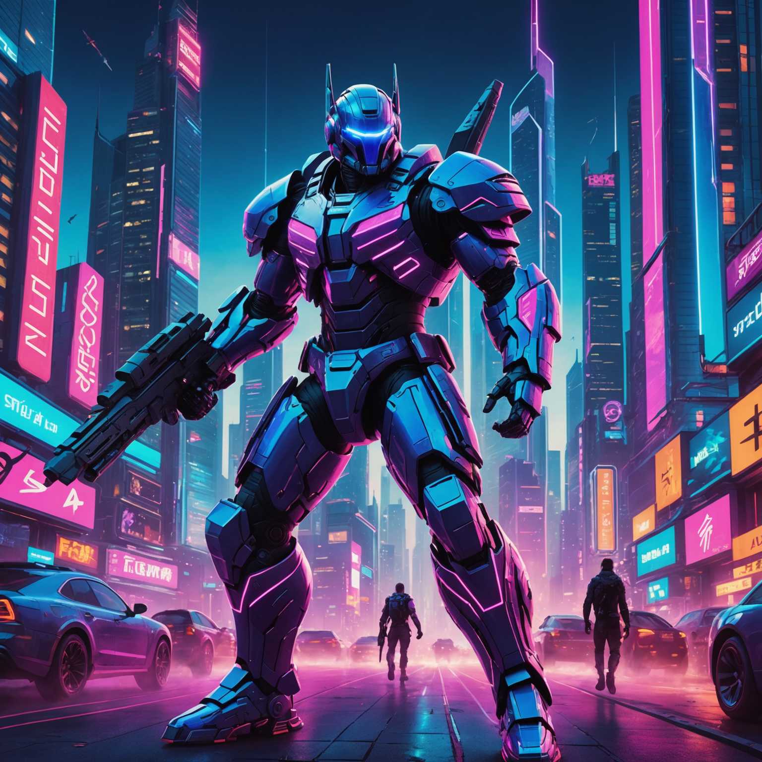 Ein lebendiges und dynamisches Spielplakat mit einer futuristischen Stadtlandschaft, die von Neonlichtern beleuchtet wird. Im Vordergrund steht ein mächtiger und heldenhafter Charakter, der eine überdimensionierte Waffe trägt und hochmoderne, hochtechnologische Rüstung trägt. Im Hintergrund sind hoch aufragende Wolkenkratzer und fliegende Fahrzeuge zu sehen, die die fortschrittliche und geschäftige Natur der Stadt betonen. Die Farbpalette wird von elektrischen Blau-, Lila- und Pinktönen dominiert, die der gesamten Szene ein Cyberpunk-Ambiente verleihen. Der gesamte Kunststil ist sehr detailliert und stilisiert, mit komplizierten Linienarbeiten und dramatischen Lichteffekten, die das Gefühl von Action und Energie verstärken.