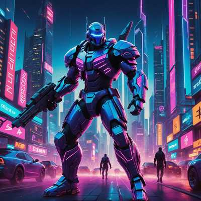 Ein lebendiges und dynamisches Spielplakat mit einer futuristischen Stadtlandschaft, die von Neonlichtern beleuchtet wird. Im Vordergrund steht ein mächtiger und heldenhafter Charakter, der eine überdimensionierte Waffe trägt und hochmoderne, hochtechnologische Rüstung trägt. Im Hintergrund sind hoch aufragende Wolkenkratzer und fliegende Fahrzeuge zu sehen, die die fortschrittliche und geschäftige Natur der Stadt betonen. Die Farbpalette wird von elektrischen Blau-, Lila- und Pinktönen dominiert, die der gesamten Szene ein Cyberpunk-Ambiente verleihen. Der gesamte Kunststil ist sehr detailliert und stilisiert, mit komplizierten Linienarbeiten und dramatischen Lichteffekten, die das Gefühl von Action und Energie verstärken.