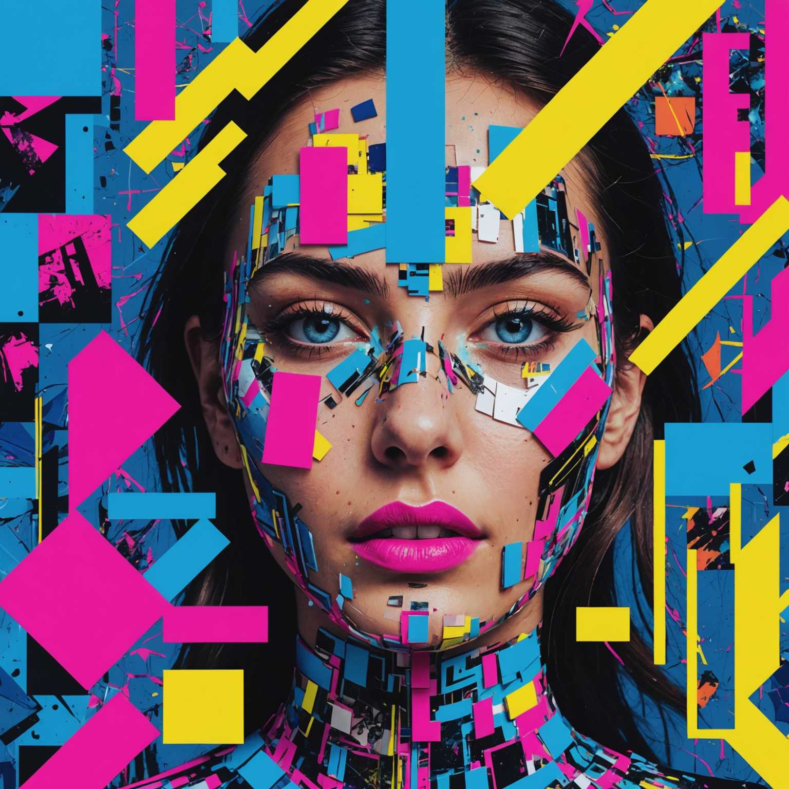 In diesem chaotischen, lebendigen Collagekunstwerk mischen sich fragmentierte visuelle Elemente und abstrakte Muster. Dominierende neonhelle Farben wie elektrisches Blau, lebhaftes Pink und strahlendes Gelb bestimmen die Leinwand. Digitale Störungen, Pixeleffekte und verzerrte Texturen verschmelzen und erzeugen ein Gefühl von digitalem Fehlfunktionen. Verschiedene Elemente wie Textfragmente, Formen und teilweise Bilder von Gesichtern, Augen und Lippen sind zufällig im gesamten Kunstwerk platziert. Die Gesamtkomposition ist dynamisch und desorientierend, mit Schichten überlappender Elemente, die ein Gefühl von Bewegung und Störung vermitteln. Es gibt Hinweise auf geometrische Formen wie Dreiecke und Rechtecke, die sich mit organischen Formen und Kurven vermischen. Die Collage schafft eine surreale, futuristische Atmosphäre, die die Ästhetik von Cyberpunk und digitaler Kunst widerspiegelt.