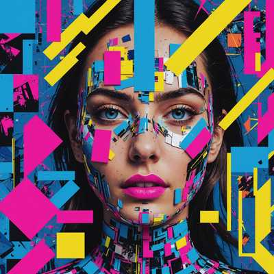 In diesem chaotischen, lebendigen Collagekunstwerk mischen sich fragmentierte visuelle Elemente und abstrakte Muster. Dominierende neonhelle Farben wie elektrisches Blau, lebhaftes Pink und strahlendes Gelb bestimmen die Leinwand. Digitale Störungen, Pixeleffekte und verzerrte Texturen verschmelzen und erzeugen ein Gefühl von digitalem Fehlfunktionen. Verschiedene Elemente wie Textfragmente, Formen und teilweise Bilder von Gesichtern, Augen und Lippen sind zufällig im gesamten Kunstwerk platziert. Die Gesamtkomposition ist dynamisch und desorientierend, mit Schichten überlappender Elemente, die ein Gefühl von Bewegung und Störung vermitteln. Es gibt Hinweise auf geometrische Formen wie Dreiecke und Rechtecke, die sich mit organischen Formen und Kurven vermischen. Die Collage schafft eine surreale, futuristische Atmosphäre, die die Ästhetik von Cyberpunk und digitaler Kunst widerspiegelt.