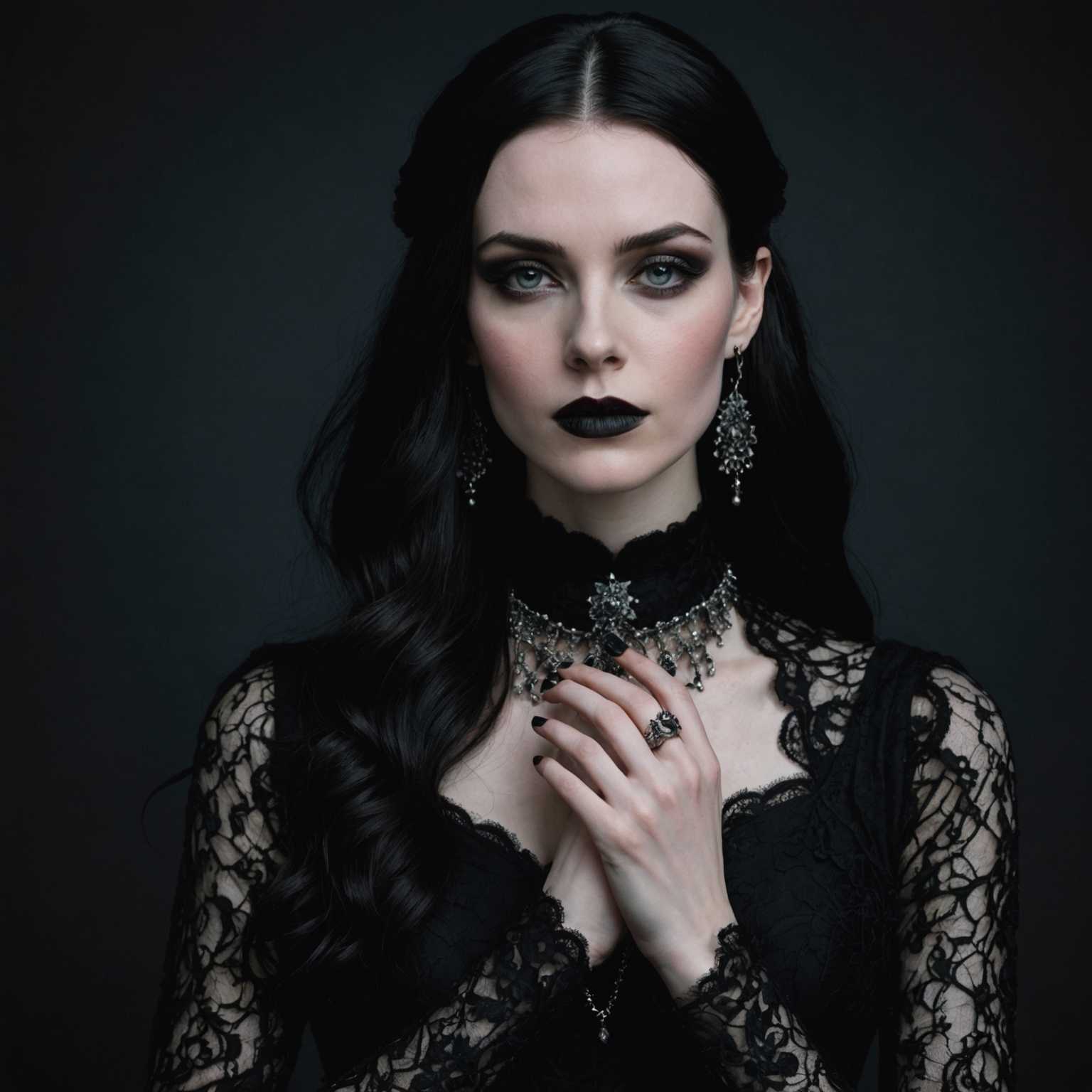 Eine junge Frau mit heller Haut und dunklem, dramatischem Make-up steht vor einem dunklen, stimmungsvollen Hintergrund. Sie hat langes, fließendes schwarzes Haar, das über ihre Schultern fällt. Sie trägt ein schwarzes Spitzenkleid mit aufwendigen Details und hohem Kragen, ergänzt durch silbernen Schmuck, darunter Ringe und eine Halskette mit dunklem Edelstein. Ihre Fingernägel sind schwarz lackiert, und sie hält einen kleinen, kunstvollen, schwarzen Sonnenschirm. Ihre Miene ist sowohl intensiv als auch melancholisch und verkörpert die Ästhetik der gotischen Schönheit. Die Beleuchtung wirft dramatische Schatten und verstärkt die unheimliche und geheimnisvolle Atmosphäre.