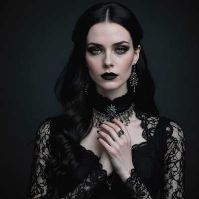 Eine junge Frau mit heller Haut und dunklem, dramatischem Make-up steht vor einem dunklen, stimmungsvollen Hintergrund. Sie hat langes, fließendes schwarzes Haar, das über ihre Schultern fällt. Sie trägt ein schwarzes Spitzenkleid mit aufwendigen Details und hohem Kragen, ergänzt durch silbernen Schmuck, darunter Ringe und eine Halskette mit dunklem Edelstein. Ihre Fingernägel sind schwarz lackiert, und sie hält einen kleinen, kunstvollen, schwarzen Sonnenschirm. Ihre Miene ist sowohl intensiv als auch melancholisch und verkörpert die Ästhetik der gotischen Schönheit. Die Beleuchtung wirft dramatische Schatten und verstärkt die unheimliche und geheimnisvolle Atmosphäre.