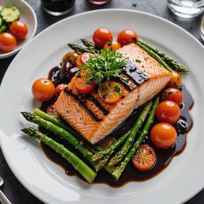 Das Bild zeigt ein wunderschön arrangiertes Gourmetgericht auf einem weißen Keramikteller. Im Zentrum des Tellers befindet sich ein saftiges Stück gebratener Lachs, das mit einem Schuss glänzender Balsamico-Reduktion überzogen und mit frischen Kräutern garniert ist. Um den Lachs herum befinden sich lebhafte, farbenfrohe Beilagen, darunter sautierte Spargelstangen, geröstete Kirschtomaten und ein Klecks cremiges Kartoffelpüree, bestreut mit fein gehacktem Schnittlauch. Die Gesamtpräsentation ist makellos, mit einem harmonischen Gleichgewicht von Farben und Texturen, die das Gericht visuell ansprechend und einladend machen. Das Foto wird aus einer leicht geneigten Vogelperspektive aufgenommen, wobei das Gericht scharf im Fokus und der Hintergrund unscharf ist, um die feinen Details und die künstlerische Anordnung des Essens hervorzuheben.