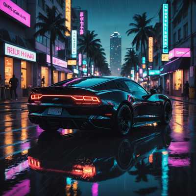 Das Bild zeigt einen eleganten schwarzen Sportwagen, der bei Einbruch der Nacht über eine regenüberflutete, neonbeleuchtete Straße in einer pulsierenden Stadt rast. Die Lichter der Stadt spiegeln sich in der nassen Fahrbahn, und der Himmel ist mit Palmen übersät. Die Szene hat eine neon-noir Ästhetik, die an Cyberpunk-Anime erinnert.