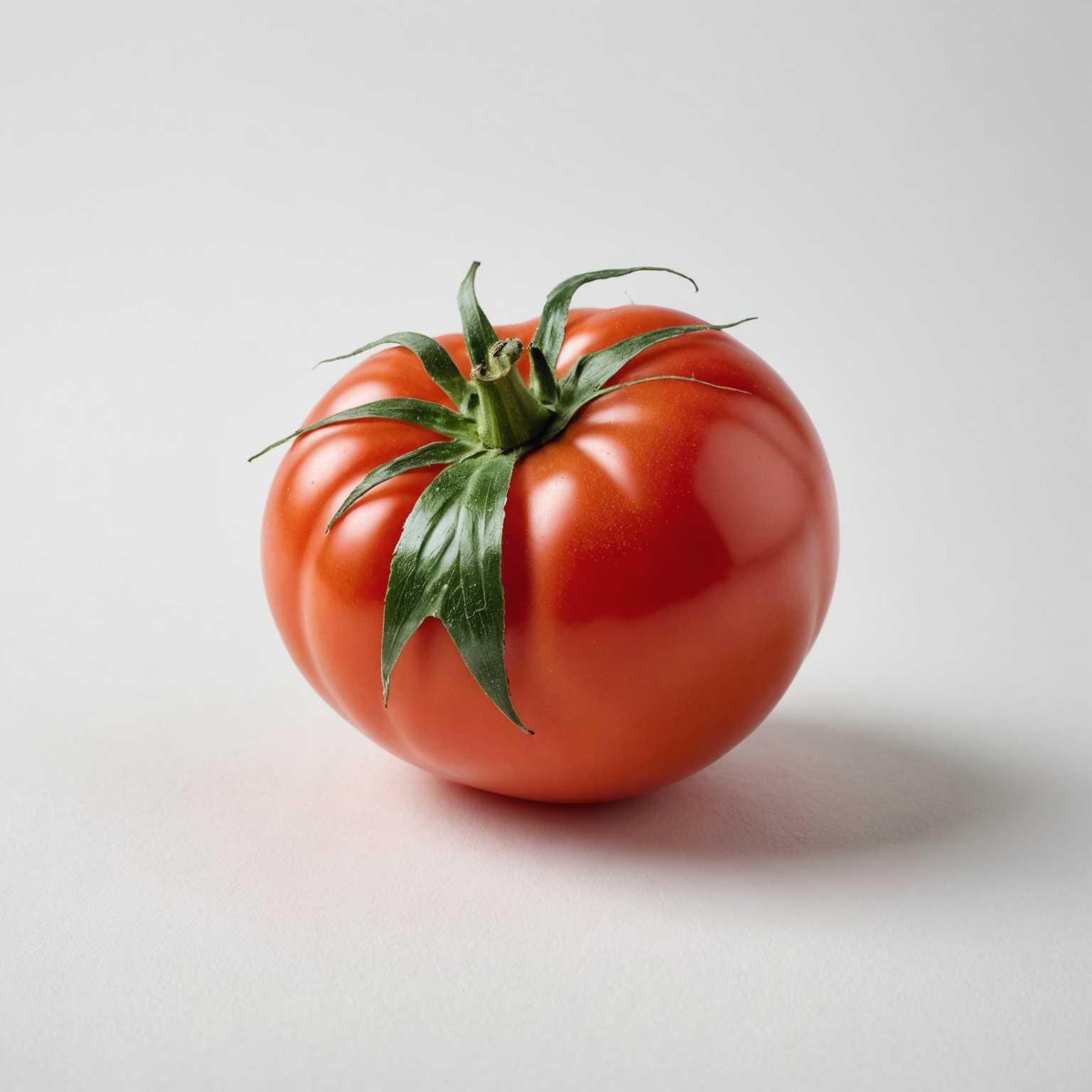 Ein sauberer, minimalistischer weißer Hintergrund beherbergt eine ordentliche Auswahl an frischen Zutaten. Im Vordergrund steht eine pralle, reife rote Tomate mit glänzendem Schimmer, deren grüner Stiel noch befestigt ist. Daneben liegt eine frische, knackige Gurke, teilweise aufgeschnitten, um ihr blasses, saftiges Inneres zu zeigen. Verteilt sind lebhaft grüne Basilikumblätter, die einen Hauch von Farbe und Frische hinzufügen. Es gibt auch einige Knoblauchzehen, deren weiße, papierartige Haut noch intakt ist, und einen kleinen Haufen grober Meersalzkristalle. Eine halbierte Zitrone zeigt ihr hellgelbes, saftiges Fleisch, mit einer weiteren ganzen Zitrone daneben. Perfekt proportionierte Tropfen Olivenöl glitzern auf der Oberfläche und verleihen der Komposition einen goldenen Farbton. Das Gesamtarrangement ist künstlerisch und appetitlich, und präsentiert die Zutaten visuell ansprechend.