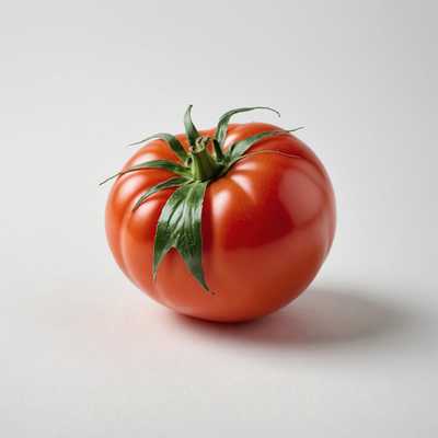 Ein sauberer, minimalistischer weißer Hintergrund beherbergt eine ordentliche Auswahl an frischen Zutaten. Im Vordergrund steht eine pralle, reife rote Tomate mit glänzendem Schimmer, deren grüner Stiel noch befestigt ist. Daneben liegt eine frische, knackige Gurke, teilweise aufgeschnitten, um ihr blasses, saftiges Inneres zu zeigen. Verteilt sind lebhaft grüne Basilikumblätter, die einen Hauch von Farbe und Frische hinzufügen. Es gibt auch einige Knoblauchzehen, deren weiße, papierartige Haut noch intakt ist, und einen kleinen Haufen grober Meersalzkristalle. Eine halbierte Zitrone zeigt ihr hellgelbes, saftiges Fleisch, mit einer weiteren ganzen Zitrone daneben. Perfekt proportionierte Tropfen Olivenöl glitzern auf der Oberfläche und verleihen der Komposition einen goldenen Farbton. Das Gesamtarrangement ist künstlerisch und appetitlich, und präsentiert die Zutaten visuell ansprechend.