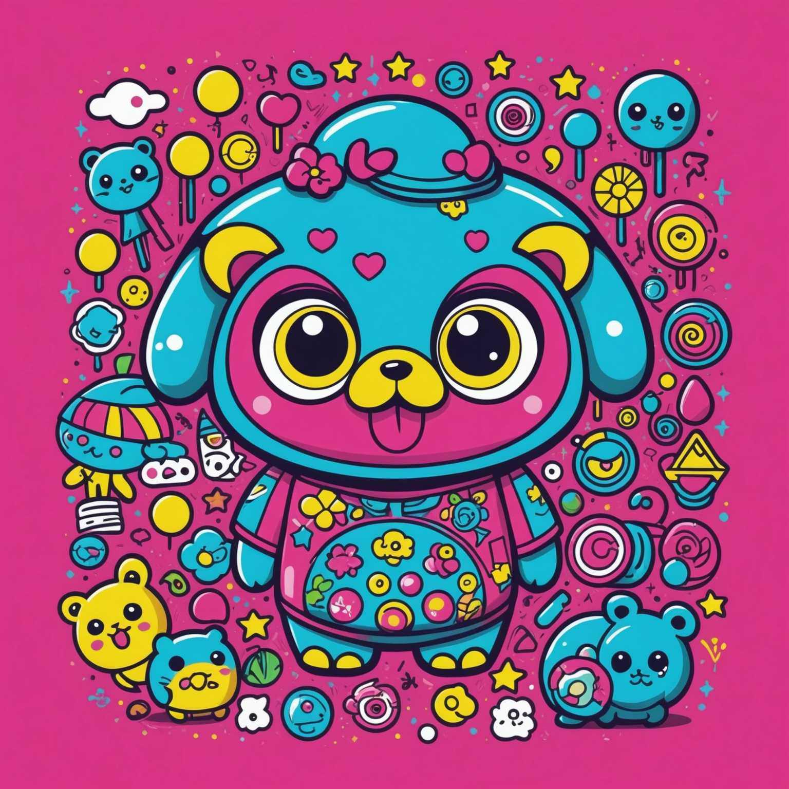 Das Bild zeigt ein lebendiges T-Shirt mit japanischen Neon-Kawaii-Designs. Das T-Shirt zeigt eine verspielte und farbenfrohe Figur, die typisch für die Kawaii-Ästhetik ist, einschließlich eines niedlichen Tieres. Die Neonfarben sind hell und auffällig, mit aufwendigen, detaillierten Illustrationen, die Elemente wie große Augen, glitzernde Effekte und niedliche Ausdrücke umfassen.