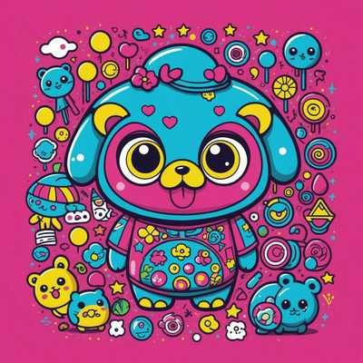 Das Bild zeigt ein lebendiges T-Shirt mit japanischen Neon-Kawaii-Designs. Das T-Shirt zeigt eine verspielte und farbenfrohe Figur, die typisch für die Kawaii-Ästhetik ist, einschließlich eines niedlichen Tieres. Die Neonfarben sind hell und auffällig, mit aufwendigen, detaillierten Illustrationen, die Elemente wie große Augen, glitzernde Effekte und niedliche Ausdrücke umfassen.