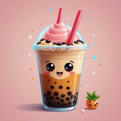 Eine niedliche und cartoonartige Lebensmittelillustration eines verspielten Bechers Bubble Tea mit einem Strohhalm, großen runden Augen, rosigen Wangen und einem kleinen Mund. Der Hintergrund ist einfach, sodass die lebhaften Farben und charmanten Details des Bubble Teas hervorstechen. Die Gesamtstimmung ist spaßig, lebendig und herzerwärmend.