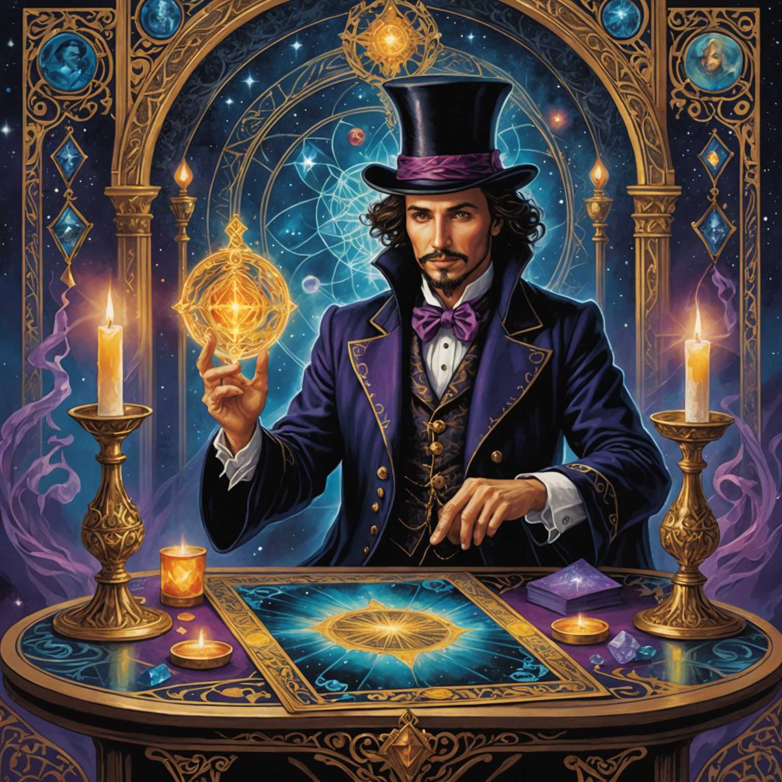 Eine kunstvoll illustrierte Tarotkarte mit lebendigem, fantasy-inspiriertem Artwork, das einen Magier darstellt. Die Karte liegt auf einem verzierten, mystischen Tisch, der mit Kristallen und mystischen Symbolen geschmückt ist. Eine schwache, leuchtende Aura verstärkt die magische Atmosphäre.