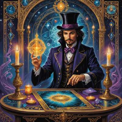Eine kunstvoll illustrierte Tarotkarte mit lebendigem, fantasy-inspiriertem Artwork, das einen Magier darstellt. Die Karte liegt auf einem verzierten, mystischen Tisch, der mit Kristallen und mystischen Symbolen geschmückt ist. Eine schwache, leuchtende Aura verstärkt die magische Atmosphäre.