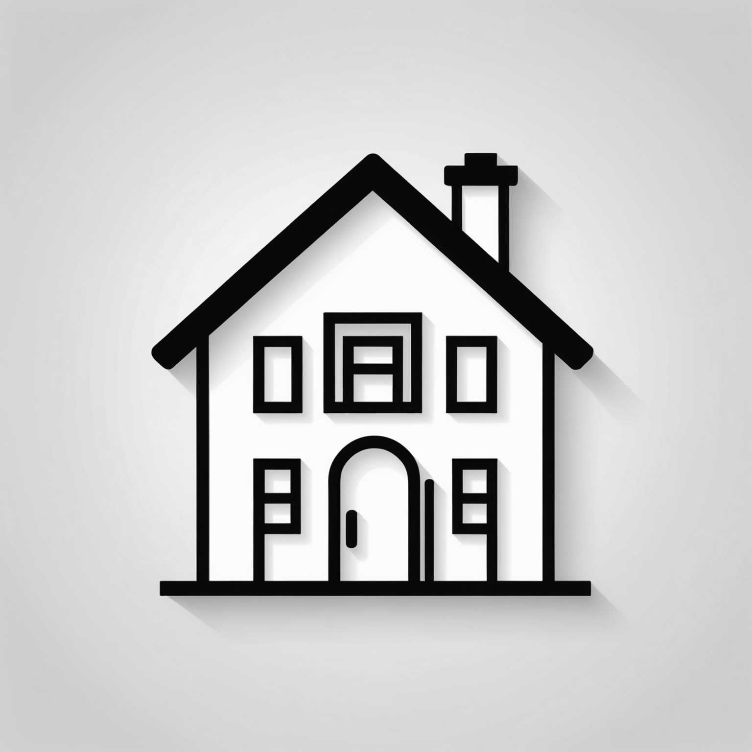 Das Bild zeigt ein minimalistisch gestaltetes Icon eines Hauses vor einem sauberen, weißen Hintergrund. Das Symbol besteht aus einfachen, dünnen Linien und grundlegenden geometrischen Formen, die in einem einheitlich monochromen Farbschema dargestellt sind. Der Stil ist modern und übersichtlich, mit einem Fokus auf Klarheit und Funktionalität.