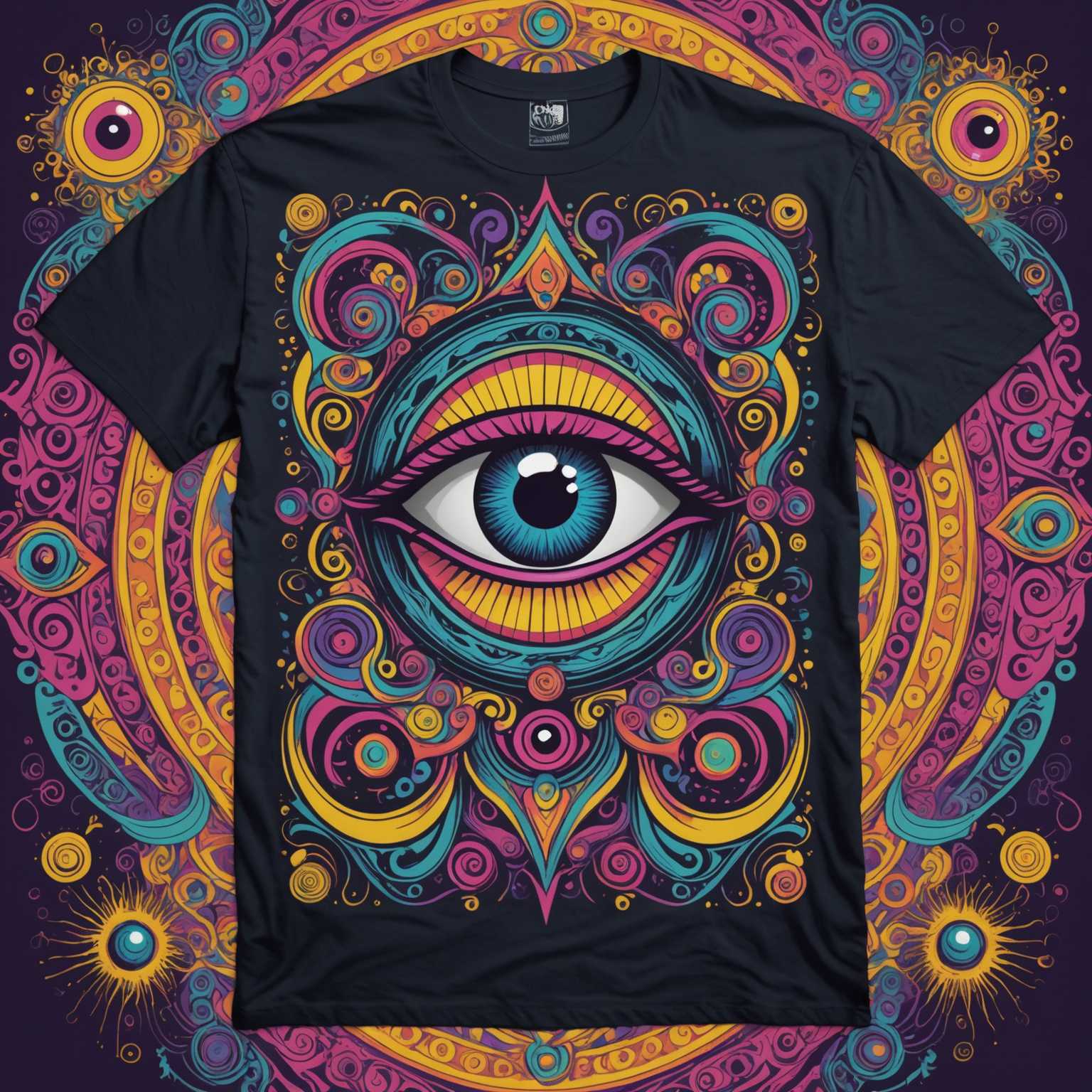 Das Bild zeigt ein lebendiges und kompliziertes neo-psychedelisches T-Shirt-Design. Der Hintergrund ist ein wirbelnder, farbenfroher Wirbel intensiver Farben, darunter Violett, Pink, Blau und Gelb, der ein Gefühl von Tiefe und Bewegung erzeugt. Im Zentrum befindet sich ein markant platziertes mystisches Auge, das Energie abstrahlt und von kunstvollen, symmetrischen Mustern und wirbelnden Linien umgeben ist, die fast flüssig wirken. Verschiedene abstrakte Formen und Symbole, wie Pilze, Fraktale und geometrische Figuren, sind in das Design verwoben und verstärken dessen hypnotische und faszinierende Wirkung. Das Gesamtbild ist eine Explosion von Farben und komplizierten Details und verkörpert das Wesen der neo-psychedelischen Kunst.