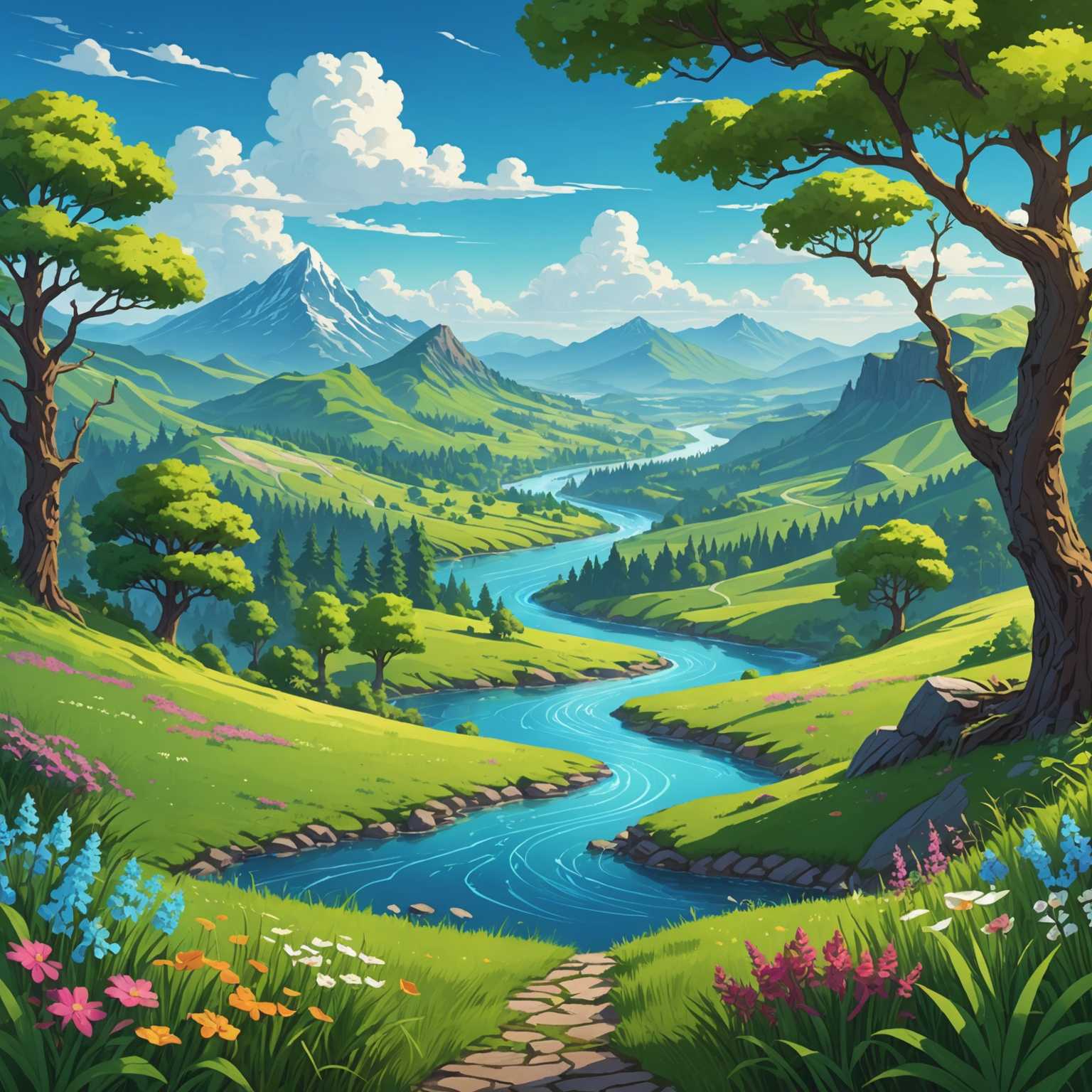 Das Bild zeigt einen hochdetaillierten und farbenfrohen 2D-Spielhintergrund. Die Szene spielt in einer fantastischen, üppigen Landschaft mit sanften Hügeln, dichten Wäldern und fernen Bergen. Im Vordergrund befinden sich lebendiges grünes Gras und blühende Pflanzen, während der Mittelgrund hohe, alte Bäume mit ausladenden Ästen und einen gewundenen Fluss unter dem Sonnenlicht zeigt. Der Himmel ist ein Verlauf von Blautönen mit verstreuten weißen Wolken. Die Hintergrundberge sind majestätisch und schneebedeckt, was der Szene Tiefe verleiht. Unter dem Laubwerk sind kleine Waldtiere und versteckte Schätze zu sehen, die dem Bild ein Element der Fantasie und Erkundung hinzufügen.