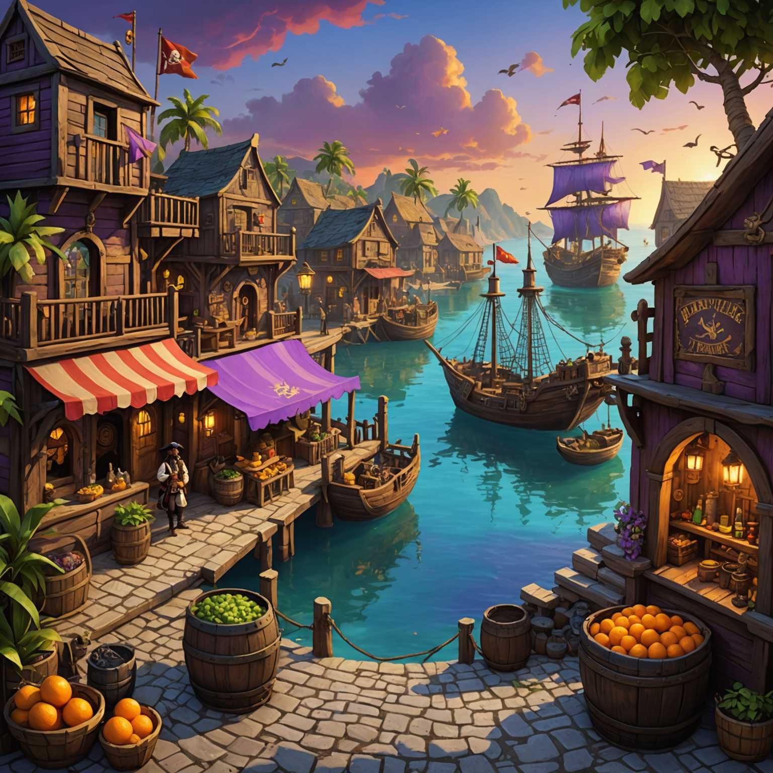 Die Abbildung zeigt eine lebhafte, detaillierte Szene aus einem Piraten-Point-and-Click-Abenteuerspiel. Eine geschäftige Piratenstadt erstreckt sich über die Landschaft und besteht aus einer Mischung aus Holzbaracken, Tavernen und Marktständen, die mit bunten Fahnen und kunstvollen Details geschmückt sind. Kopfsteinpflasterstraßen schlängeln sich zwischen den Gebäuden und führen zu einem Kai, an dem Piratenschiffe vor Anker liegen. Charaktere in typischer Piratenkleidung - Dreispitze, Augenklappen und Schwerter - interagieren miteinander und mit der Umgebung. Der Himmel ist in eine dramatische Mischung aus Orange und Violett getaucht, was entweder Sonnenuntergang oder Sonnenaufgang andeutet, während das Meer im Hintergrund im Licht glitzert. Vegetation wie Palmen und verstreute Büsche verleihen der Szene ein tropisches Flair. Schatztruhen, Fässer und andere Piratenutensilien sind strategisch in der gesamten Szene platziert und laden zur Erkundung und Interaktion ein.
