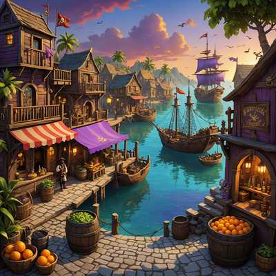 Die Abbildung zeigt eine lebhafte, detaillierte Szene aus einem Piraten-Point-and-Click-Abenteuerspiel. Eine geschäftige Piratenstadt erstreckt sich über die Landschaft und besteht aus einer Mischung aus Holzbaracken, Tavernen und Marktständen, die mit bunten Fahnen und kunstvollen Details geschmückt sind. Kopfsteinpflasterstraßen schlängeln sich zwischen den Gebäuden und führen zu einem Kai, an dem Piratenschiffe vor Anker liegen. Charaktere in typischer Piratenkleidung - Dreispitze, Augenklappen und Schwerter - interagieren miteinander und mit der Umgebung. Der Himmel ist in eine dramatische Mischung aus Orange und Violett getaucht, was entweder Sonnenuntergang oder Sonnenaufgang andeutet, während das Meer im Hintergrund im Licht glitzert. Vegetation wie Palmen und verstreute Büsche verleihen der Szene ein tropisches Flair. Schatztruhen, Fässer und andere Piratenutensilien sind strategisch in der gesamten Szene platziert und laden zur Erkundung und Interaktion ein.