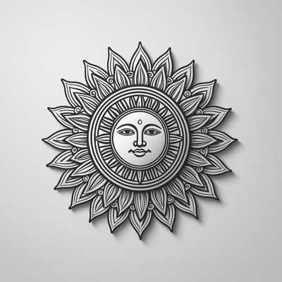Detaillierte Linienzeichnung eines Sonnen-Icons. Das Icon ist mit sauberen, präzisen Linien gezeichnet und zeigt detaillierte und künstlerische Designs. Die Illustration ist einfarbig, mit einem Fokus auf Einfachheit und Eleganz. Der Stil ist minimalistisch, mit einem Gleichgewicht aus geometrischen Formen und organischen Kurven.