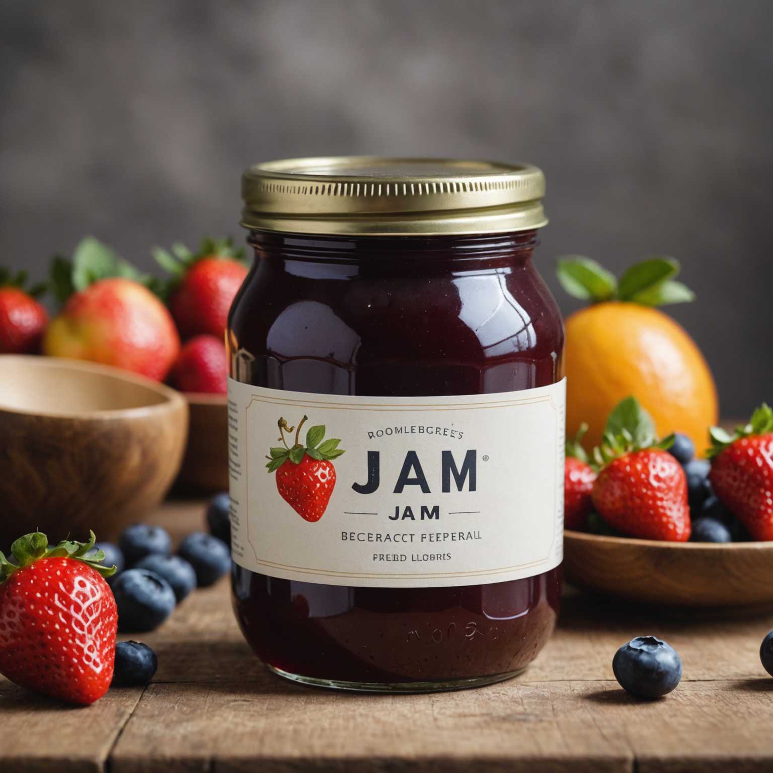 Professionell inszeniertes Foto eines Glases Marmelade mit individuellem Etikett. Das Glas zeigt ein schickes, minimalistisches Design mit eleganter Typografie und einer Illustration von Früchten. Im Hintergrund befindet sich eine rustikale Küchenszene mit Holzelementen und sanfter, natürlicher Beleuchtung. Die Szene umfasst einen Holztisch und frische Früchte wie Erdbeeren und Blaubeeren. Der Fokus liegt ausschließlich auf dem Glas, wodurch eine warme und einladende Atmosphäre entsteht.