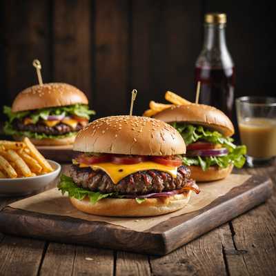 Ein hochauflösendes Foto eines Gourmet-Cheeseburgers auf einem rustikalen Holztisch. Der Cheeseburger besteht aus einem perfekt gegrillten Rindfleisch-Patty, belegt mit einer Scheibe geschmolzenem Cheddarkäse, knusprigen Speckstreifen, frischem Salat, einer Scheibe saftiger roter Tomate und einigen Scheiben roter Zwiebel. Der Burger ist in ein leicht geröstetes Sesambrötchen eingebettet. Warmes Licht verstärkt die satten Farben und Texturen des Essens.