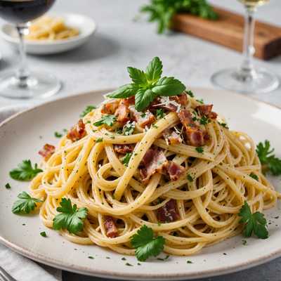 Das Bild zeigt ein perfekt angerichtetes Gericht mit Spaghetti Carbonara. Die glänzenden Nudeln sind klar al dente, belegt mit knusprigem Pancetta und garniert mit frisch geriebenem Parmesan. Die cremige Soße haftet an jedem Nudelfaden und verleiht dem Gericht eine üppige Textur. Ein Zweig Petersilie fügt einen Hauch von lebendigem Grün hinzu. Das Gericht wird auf einem weißen Keramikteller auf einem rustikalen Holztisch präsentiert, mit einer kunstvoll platzierten Gabel an der Seite. Das Licht in der Szene hebt die Texturen und Farben der Zutaten hervor, wodurch das Gericht sowohl appetitlich als auch elegant erscheint.