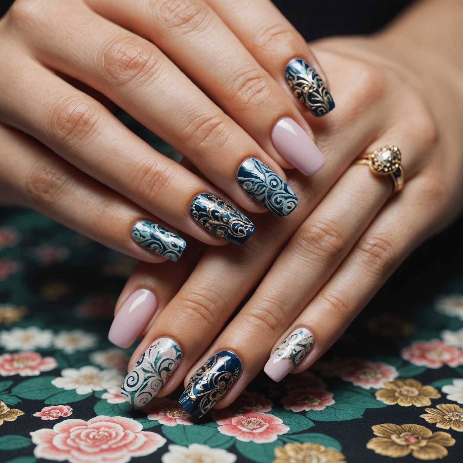 Das Bild zeigt eine Nahaufnahme der Hände einer Person mit sorgfältig lackierten Nägeln. Die Nägel weisen komplizierte und realistische Designs auf, die außergewöhnliche Nagelkunst präsentieren. Die Hände sind elegant posiert, um die detaillierte Nagelkunst in den Mittelpunkt zu stellen. Der Hintergrund ist subtil verschwommen, um die Klarheit und Detailgenauigkeit der Nageldesigns zu betonen. Die gesamte Umgebung vermittelt eine stilvolle und hochmodische Atmosphäre und hebt die Raffinesse und Kreativität der Nagelkunst hervor.